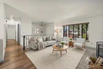 Sunlit living room is virtually staged