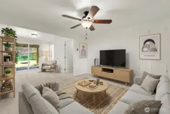 Lower-level rec room is virtually staged