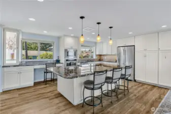 Wow! Gourmet kitchen with huge island completely redone in 2017! High end cabinetry w/pull-outs, pantry, and soft close doors. Brazilian Black Marinace slab granite island & counters! Designer tile backsplash! Tons of lighting, including dimmable under the counter lighting! All stainless appliances! Super nice!