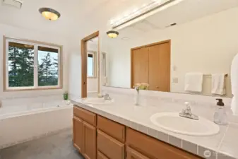Jetted tub, double vanity, separate shower, and walk-in closet in the primary bath