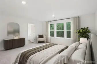 King or Cali King bed can easily fit in this space with room for a reading nook, dresser, and side tables.   Pictures are for representational purposes only, colors and features may vary.