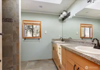 Renovated Main level Bath with walk-in Shower and Dual Vanity