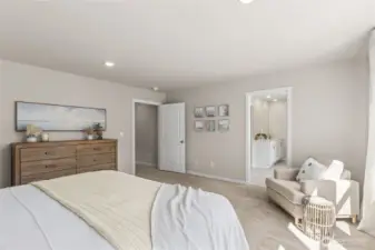 Tons of light in the primary bedroom from the generous window and recessed lights. Pictures are for representation only as colors and options will vary.