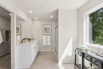 Primary bath with large window and walk in closet.
