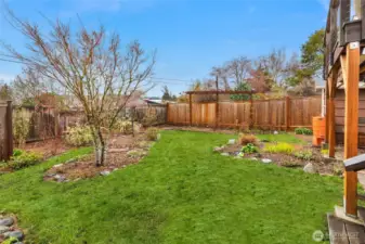 Spacious fully fenced yard with beautiful plants and flowers blooming in the spring.