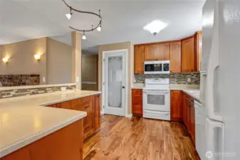 Remodeled kitchen with Corian Counters, lighting & fixtures