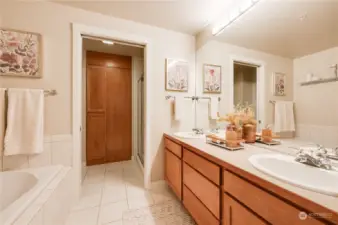 Fabulous 5-piece primary bath with large soaking tub to relax or separate tile shower and check out all of the storage!