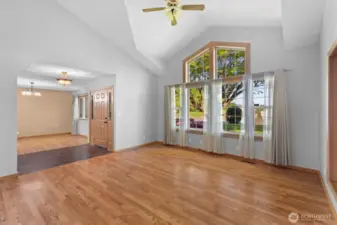 Front door with dining room on one side and living room on this side