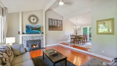 Just a step up from the living room, the dining area offers the perfect flow for meals and gatherings