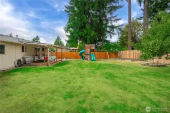 Perfect for play and gatherings, this fully fenced yard includes a two-slide playhouse, climbing wall, and room for lawn games. The lush grass and wood fencing create a private, inviting environment.