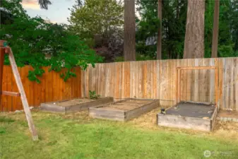 Tucked into a quiet corner of the yard, these four raised garden beds offer the perfect space for growing vegetables, herbs, or flowers. Surrounded by a fully fenced backdrop and nestled under towering evergreens, this area provides both privacy and potential for your green thumb to thrive.