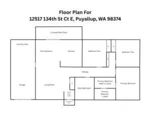 This well-designed floor plan offers seamless flow from the spacious living room into the dining area and kitchen, all leading out to a covered back deck—ideal for entertaining. Bedrooms are thoughtfully grouped down the hallway, with the primary suite tucked away for added privacy. Functional spaces like the separate laundry area and attached garage add to the home’s smart, efficient layout.