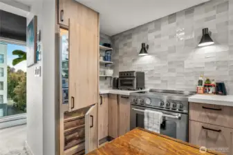 Cabinet-front refrigerator + dishwasher, convection range.