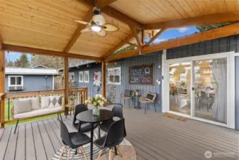 Wired with cafe lights and ceiling fan.