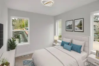 Bright bedrooms upstairs - tall windows! (virtually staged)
