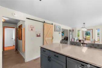 Kitchen area and pantry barn door