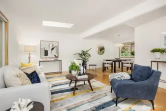 Skylights throughout the home add natural light, even in the evenings.