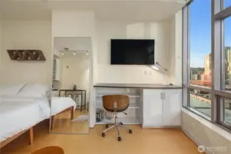 Built-in desk offers additional storage space