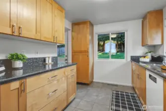 The kitchen looks out to the fully fenced backyard.