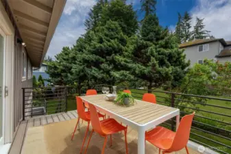 This new composite deck with new metal railings overlooks the expansive backyard.