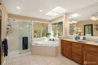 The spa-like 5-piece primary bath features a soaking tub surrounded by natural light from skylights and tranquil greenbelt views.