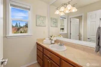 The bright, well-appointed vanity area features plenty of counter and cabinet space.