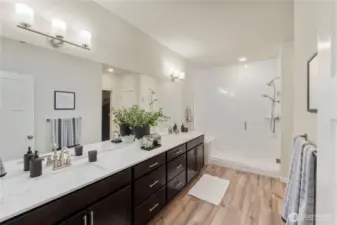 Spa-inspired bathroom with dual sinks and walk-in shower