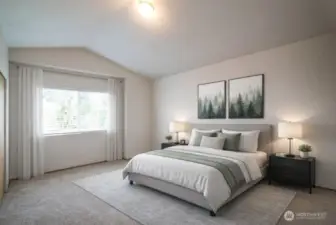 Virtually staged primary bedroom with vaulted ceilings and tons of natural light.