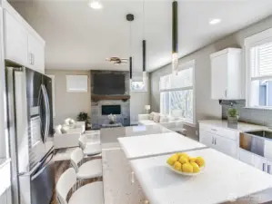 Notice full wood wrap on windows and custom blinds.