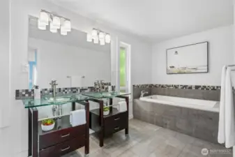 Primary Ensuite with double sinks, soaking tub and shower.