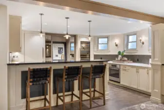 Lower level full kitchen with quartz counters, Brizo faucet, and  Sub Zero wine cabinet.