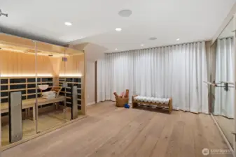 Private spa with a full spectrum infrared glass front sauna. Not shown is the oversized steam shower! Ballet barre and custom drapery covering abundant storage behind.