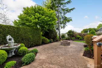 Back yard patio with firepit plus private setting looking out toward the fields of the valley.