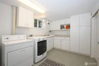 Large laundry room in basement full of storage shelving