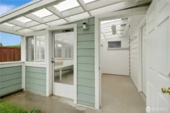 Shed for yard equipment between greenhouse and garage/attached.
