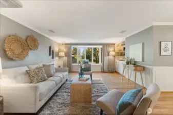 Spacious living room features light-filled bay windows, with privacy from the street provided by mature trees and landscaping.