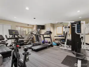 Fitness room with multiple workout options.