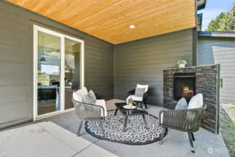 Rear patio with fireplace in the backyard.