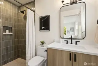 Guest Suite bath has custom tile and heated floors!