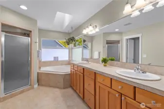 5-piece primary bathroom features a spacious shower and soaking tub.  The skylight floods the space with natural light.