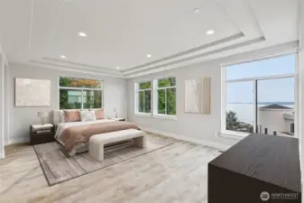 Primary bedroom with views of the water! Virtually staged.