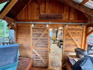 Sliding barn doors entrance to the shop.