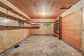 Garage with built in shelving.