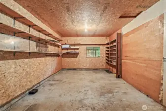 Garage with built in shelving.