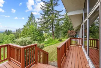 Back deck area with steps to lawn.