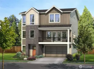 Exterior Rendering of the Glacier Home Plan. All photos, renderings, site maps, and floorplans are for visualization purposes only. Plans, colors, building orientation, finishes, home outlook, and other details can and WILL vary. Striking three-level Glacier plan showcases a modern Craftsman façade with brick accents, vertical siding, and oversized windows for maximum natural light. Covered balcony and welcoming entry set the tone for refined living in Bothell’s Foxmoore community, close to Canyon Park conveniences and I-405 access.