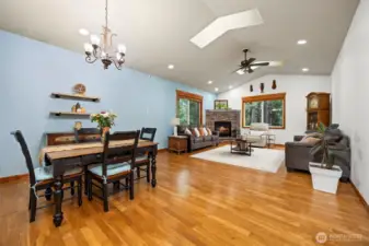 Great room with vaulted ceiling, skylights.