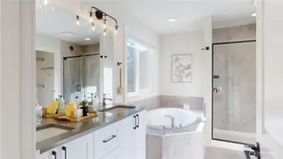 Primary Suite bath - relax in the tub or enjoy a rain shower.  Separate room for the commode offers privacy.