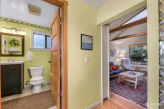 Full bathroom is located as you enter the kitchen area from the living room.
