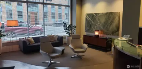 Stylish entry with modern décor, secure access, and full-time concierge support.